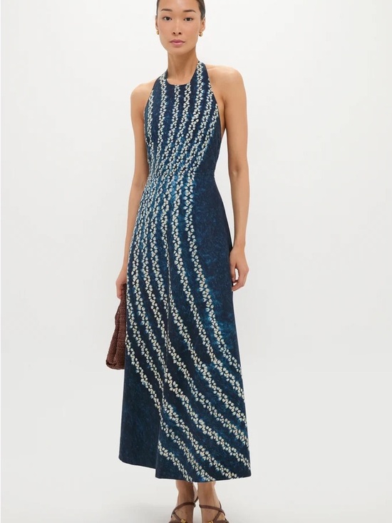 Tuckernuck Dresses & Skirts - Tuckernuck Navy Blue Halter Maxi Dress with Diagonal Leaf Print